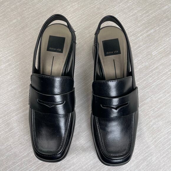 Dolce Vita Black Leather Slingback Loafers Square Toe Penny Minimalist Women 6.5 - Picture 2 of 8